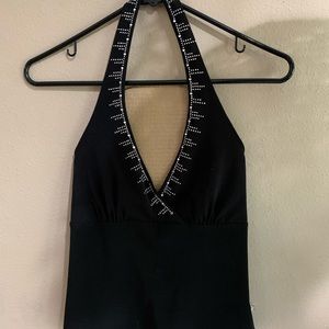 Black Halter Crop w Silver Studs & Rhinestones M